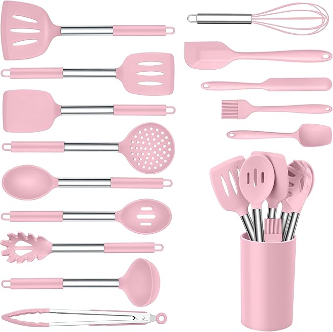 Silicone Utensils Set, Onader 15pcs Kitchen Cooking Utensils with Holder, Non-stick Cookware with Stainless Steel Handle, Kitchen Gadgets Tools Gift - Pink