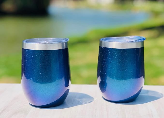 CHILLOUT LIFE 12 oz Stainless Steel Wine Tumblers 2 Pack - Double Wall Vacuum Insulated Wine Glasses Cups with Lids and Straws Set Keeping Cold & Hot for Coffee, Beer, Ice Cream - Blue Sparkle