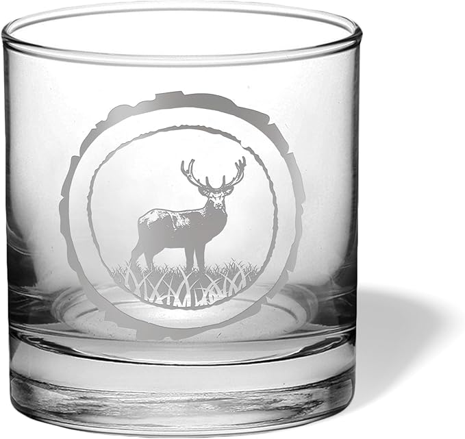 Hunting Gifts for Hunters and Outdoorsman Elk Deer Whiskey Glass with Coaster Rustic Décor for Mountain Cabin Lake House Beer Pint Glass Fishing Fisherman Dad (Deer, Single Whiskey Glass)
