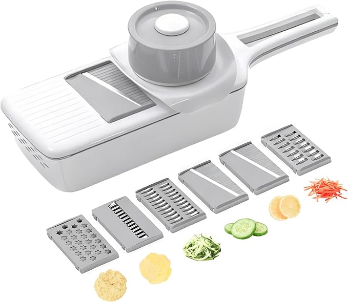 Mandoline Slicer for Kitchen with Drain Box, 6-in-1 Vegetable & Cucumber Slicer with Safety Guard, Extended Handle, Easy Clean Slice-Rinse-Store Design for Salad Prep & Daily Cooking