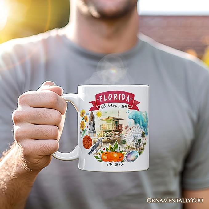 OrnamentallyYou State Travel Landmark Mugs – 12 oz Ceramic Coffee Cups, U.S. Souvenir Gift for Tourists (Artistic Florida State Themes and Landmarks Mug)