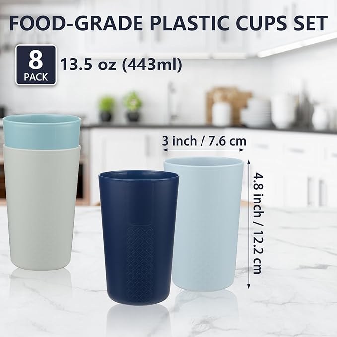 BEWOS 8 PCS 13.5 OZ Plastic Cups Set - BPA-Free Plastic Tumblers Cups Reusable, Unbreakable Drinking Cup, Lightweight Stackable Cups, Cup for Kitchen, Dishwasher/Microwave Safe