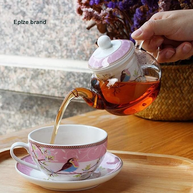 Tea for One Set, Glass Teapot with Porcelain Infuser Strainer and Cup & Saucer- Happy Bird Pattern (Pink)