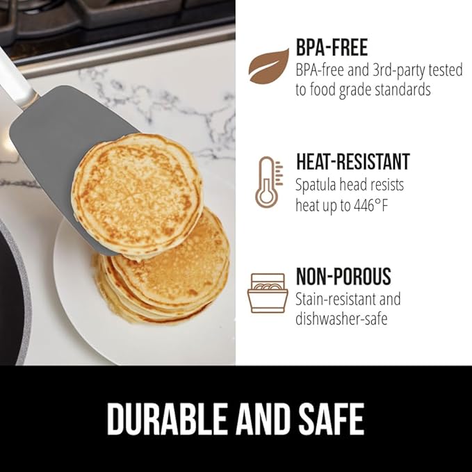 GORILLA GRIP Food Grade Flexible Silicone Spatula, Heat Resistant Head for Nonstick Frying Pan, Patented Soft Rubber Handle for Comfort, Non-Scratch Kitchen Turner, Flip Eggs Burgers, 11.6 in, Gray