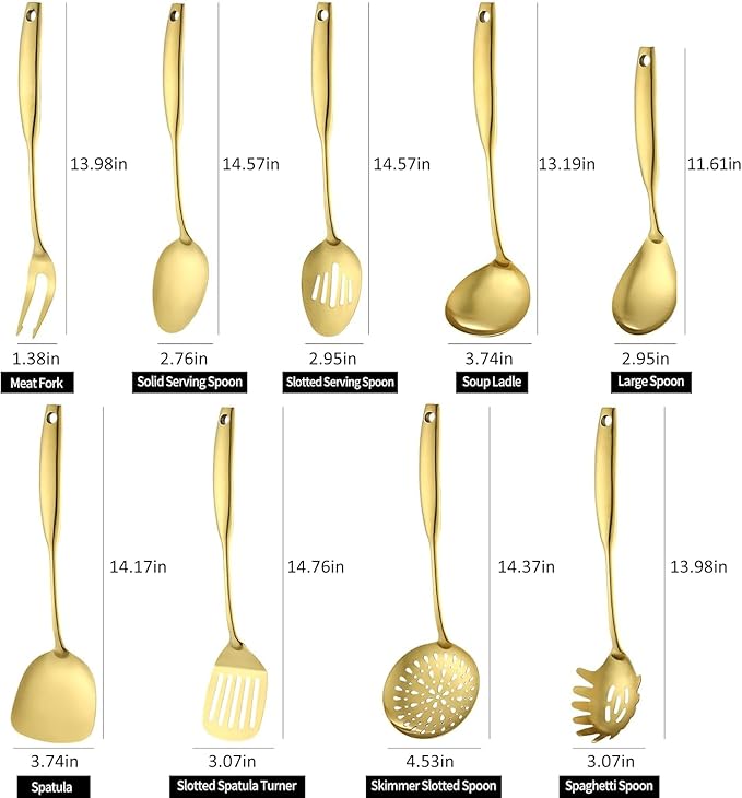 Lazycorner Kitchen Utensil Set 9-Piece Stainless Steel 304 Polished Mirror Finish Cooking Spoons, Slotted Spoon, Turner, Spatula, Pasta Spoon– Dishwasher Safe, Rust-Resistant