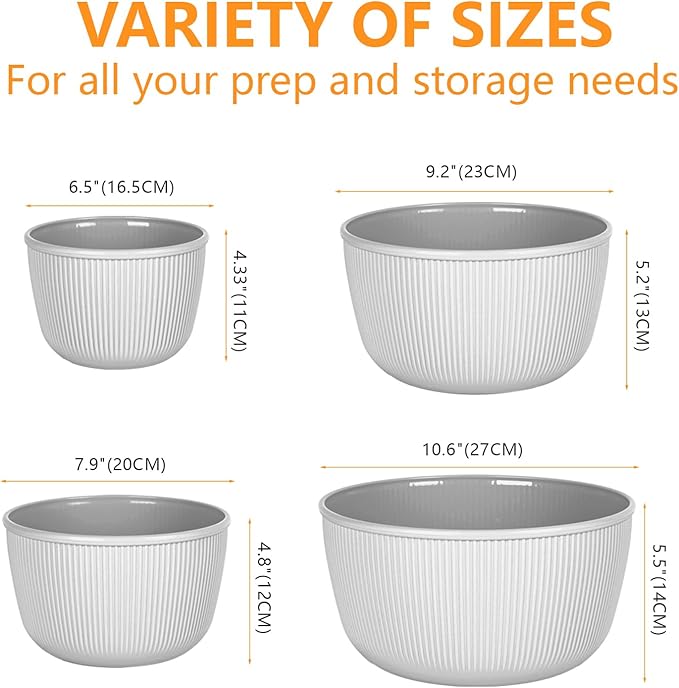 BoxedHome Nesting Plastic Mixing Bowls, BPA-Free Plastic, Microwave and Dishwasher Safe, Set of 4, 2.5 quart, 3.5 quart, 4.5 quart, Grey