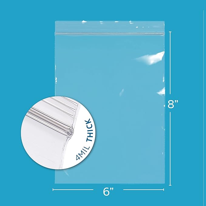 6" x 8" Heavy-Duty Zip Bags - 200 Count - Clear Plastic Reclosable Zipper Baggies, 4 Mil Thick Freezer Storage Poly Bags with Resealable Zip Top Lock for Packaging Food, Tools & Sharp Objects.