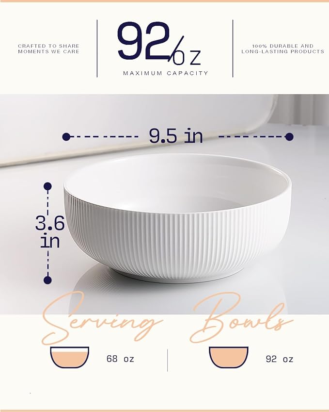 getstar Large Serving Bowls (8 inch & 60 fl oz), Ceramic Salad Bowl Set of 2, Microwave and Dishwasher Safe, Farmhouse Kitchen Decorative Bowls Set (Embossed Checks & Stripes)