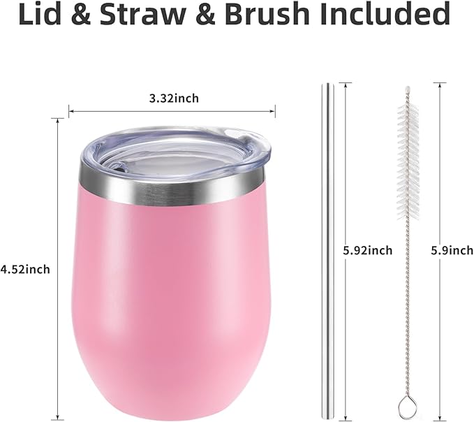 12 oz Insulated Wine Tumbler with Lid and Straw,Stainless Steel Stemless Wine Tumbler Glasses Double Wall Vacuum Wine Cups Tumbler Bulk for Coffee,Champaign,Cocktail,Office(Pink,4)