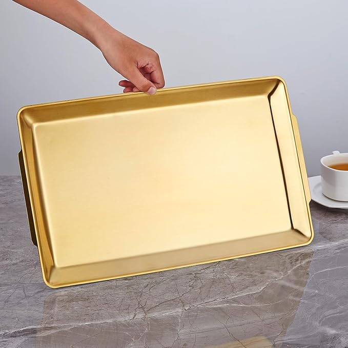 16.3" x 11" Large Serving Platters, Stainless Steel Heavy-Duty Large Serving Trays, Gold Rectangular Plates for Food, Fruit, Party, Wedding, Christmas, Chip and Scratch Resistant
