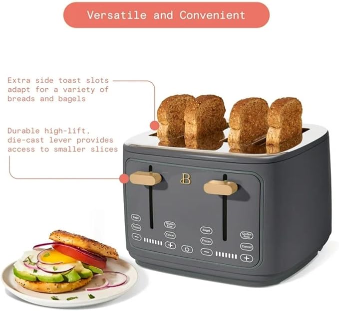 Beautiful 4 Slices Toaster - 7 Shade Settings, Touch Display, Extra-Wide Slots for Bagels, Gluten-Free & Frozen Presets, LED Countdown, Removable Crumb Tray, 1800-watt toasting (Oyster Gray)