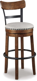 Signature Design by Ashley Valebeck | 30″ Farmhouse Pub-Height Swivel Barstool With Back – Upholstered Cushion, Nailhead Trim, Metal & Wood Frame, Brown