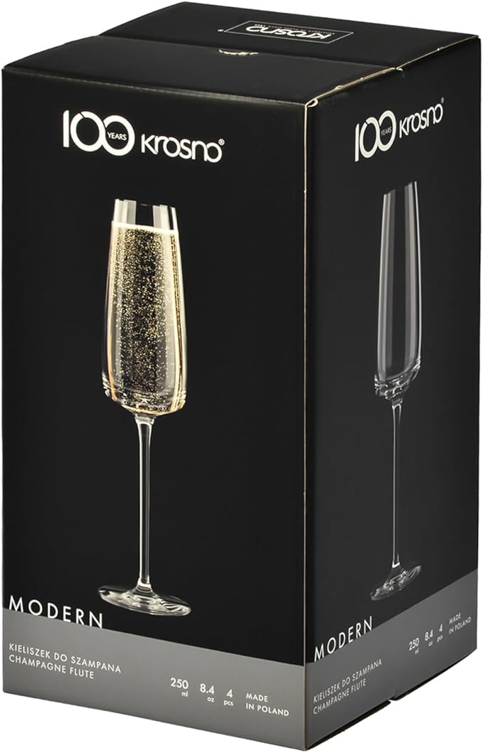 Krosno Modern Champagne Glasses, Set of 4, 7.4 Oz, Premium Crystalline Glass, Lead-free,Durable,Scratch-resistant, Ideal for Prosecco, Mimosas, Sparkling Wine, Scratch-resistant, Made in Europe