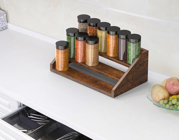 3 Tier Wood Spice Rack Organizer for Cabinet, Super Sturdy Display Riser Shelf Seasoning Organizer for Countertop Pantry Cupboard, Retro Storage Holder for Kitchen Condiment Jar Spice Container