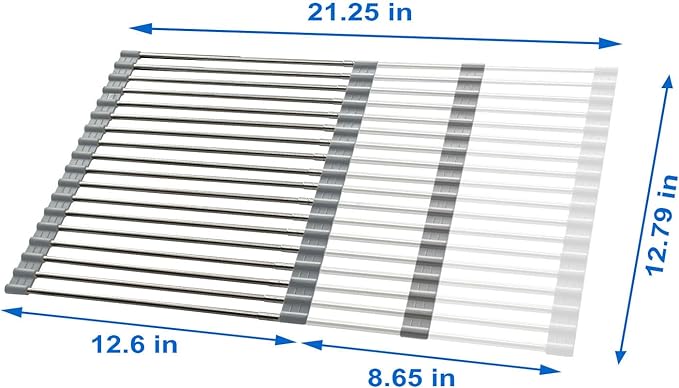 CHIRISEN Expandable Large Roll Up Dish Drying Rack, 18 Tubes 21.25x12.79'' Collapsible Over The Sink Rack, Non-Slip Silicone Rolling Dish Drainer Stainless Steel Rack for Kitchen Sink Counter (Gray)