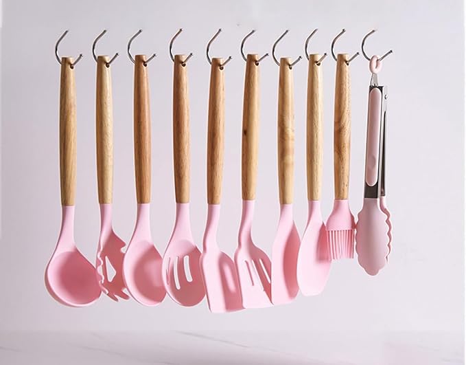 19 Piece Kitchenware Utensils and Knife Set- includes: 9 Piece Silicone Cooking Utensils- 5 Piece Sharp Stainless Steel Chef Knives- Scissors -Whisk Tongs and Cutting Board (Pink)