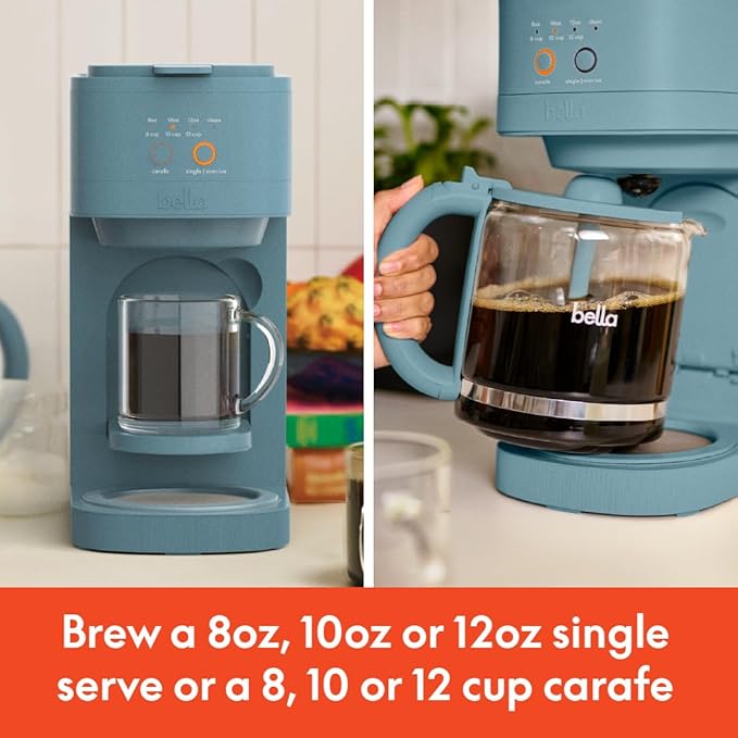BELLA VersaBrew 2-in1 Coffee Maker, K-Cup compatible, Brew 3 Sizes Carafes & Single Serve Cups, Dishwasher Safe Reusable Filter & Filter Holder, Iced Coffee Function, 60oz Tank, Surf