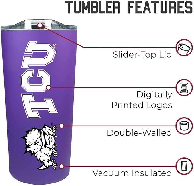 Campus Colors NCAA Stainless Steel Tumbler perfect for Gameday - 18 oz - Double Walled - Keeps Drinks Perfectly Insulated (TCU Horned Frogs - Purple)