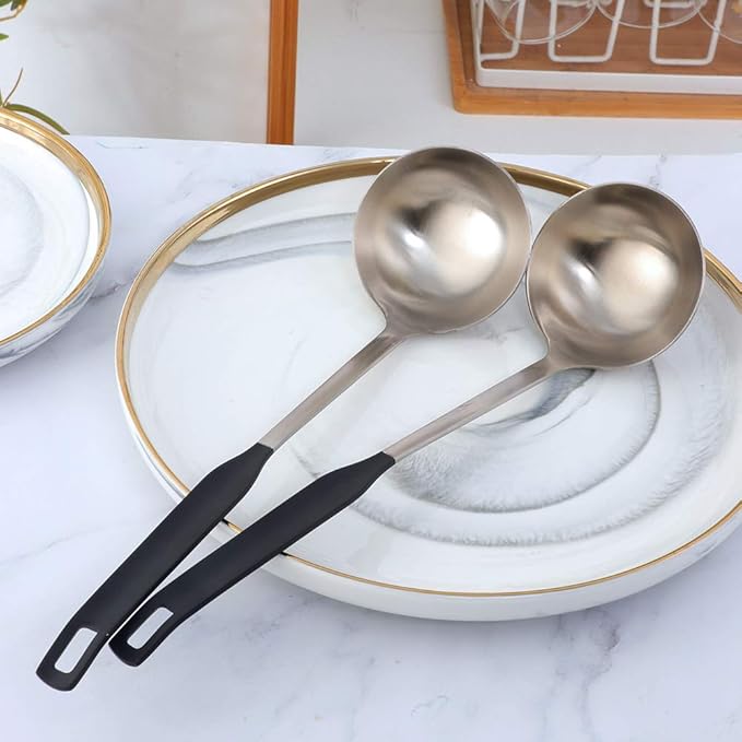 Buyer Star 2 Pcs Soup Ladle Spoons,Silver Black Cookware Serving Long Handle Steel Slotted Spoon Cooking Utensil Set for Hotpot