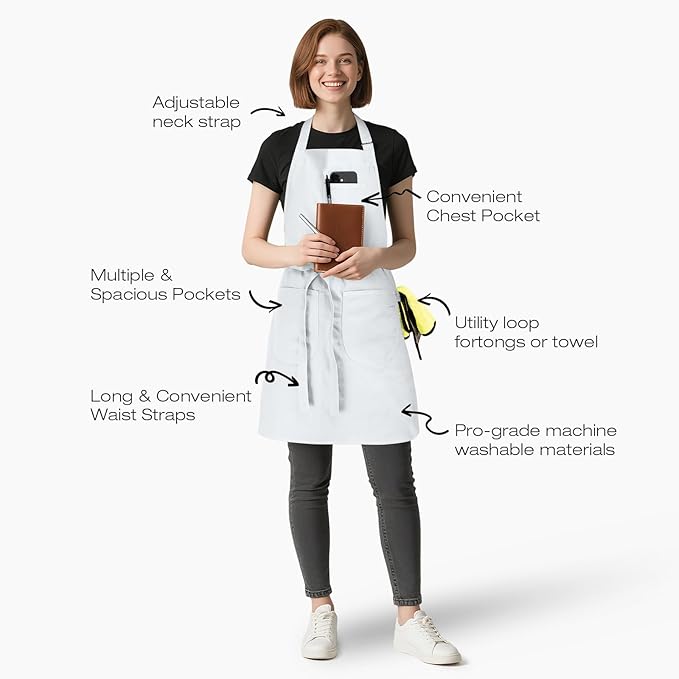 Unisex Apron with Pockets for Cooking, Salon & Art - 100% Cotton Adult Kitchen, Chef, Stylist Apron (White)