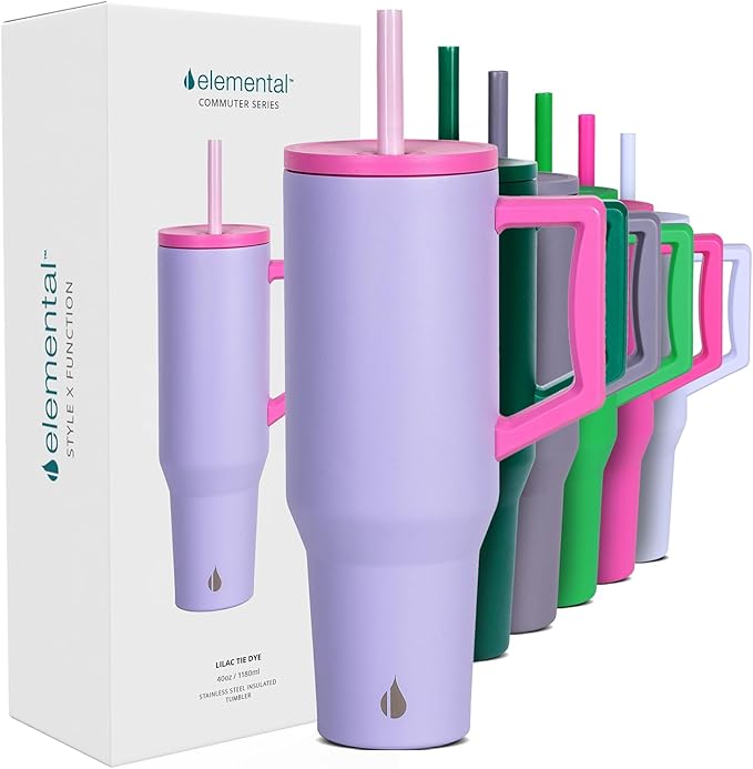 Elemental 40 oz Tumbler with Handle and Straw - Spill Proof Insulated Stainless Steel Commuter for Hot and Cold Beverages - Travel Coffee Mug with 2 Straws & Spill Proof Lid - 40oz - Lilac Tie Dye