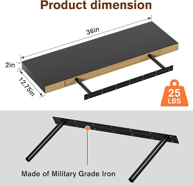 Floating Shelf, Set of 3 Wall Shelf, 36 in W x 12.75 in D x 2 in H Wooden Floating Wall Shelf with Invisible Brackets for Living Room/Bedroom/Bathroom/Kitchen Storage and Decor, Black