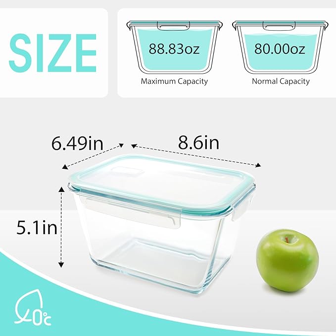 NUTRIUPS 2.6 L Large Glass Food Storage Containers, 9×6×5in Deep Rectangular Meal Prep Containers, Glass Microwave Bowls with Lids (one piece)