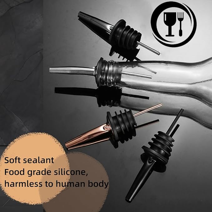 Food-Grade Stainless Steel Liquor Pour Spouts with Dust Caps | Leak-Proof Speed Pourer for Liquor & Alcohol Bottles - Brushed Silver, Matte Black, Rose Gold