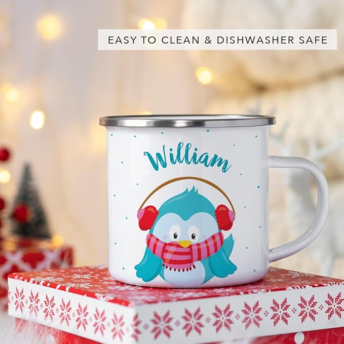 Andaz Press Personalized Name 11oz. Kids Christmas Hot Chocolate Stainless Steel Campfire Coffee Mug, Festive Blue Owl, 1-Pack, Custom Birthday Xmas Cup Hot Chocolate Mugs For Kids Christmas Mugs