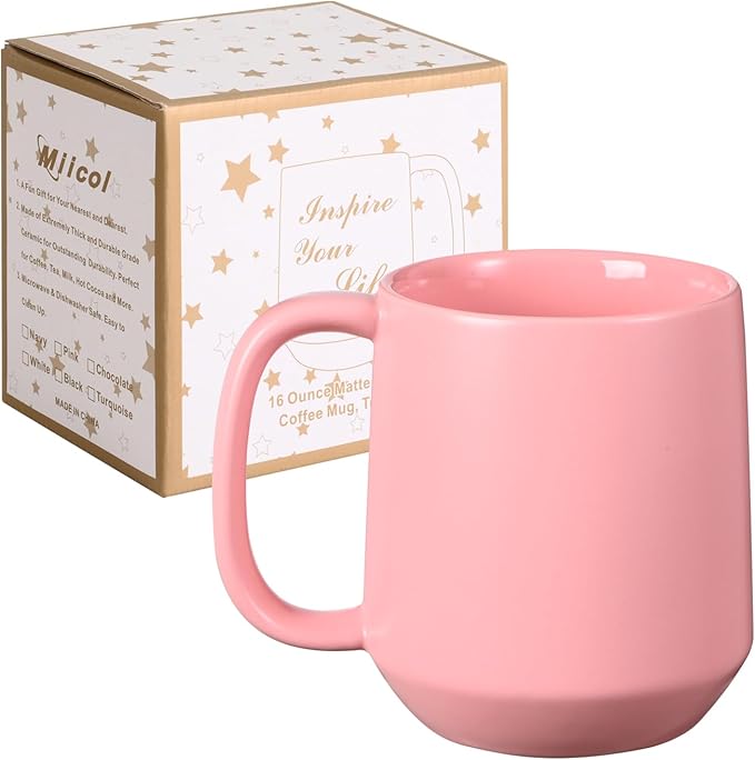 Miicol Ceramic Coffee Mug, 16 oz Large Coffee Cup, Tea Mug with Handle, Flat Bottom Mug for Men, Women, Office, Microwave and Dishwasher Safe, Multi-Color, Pink