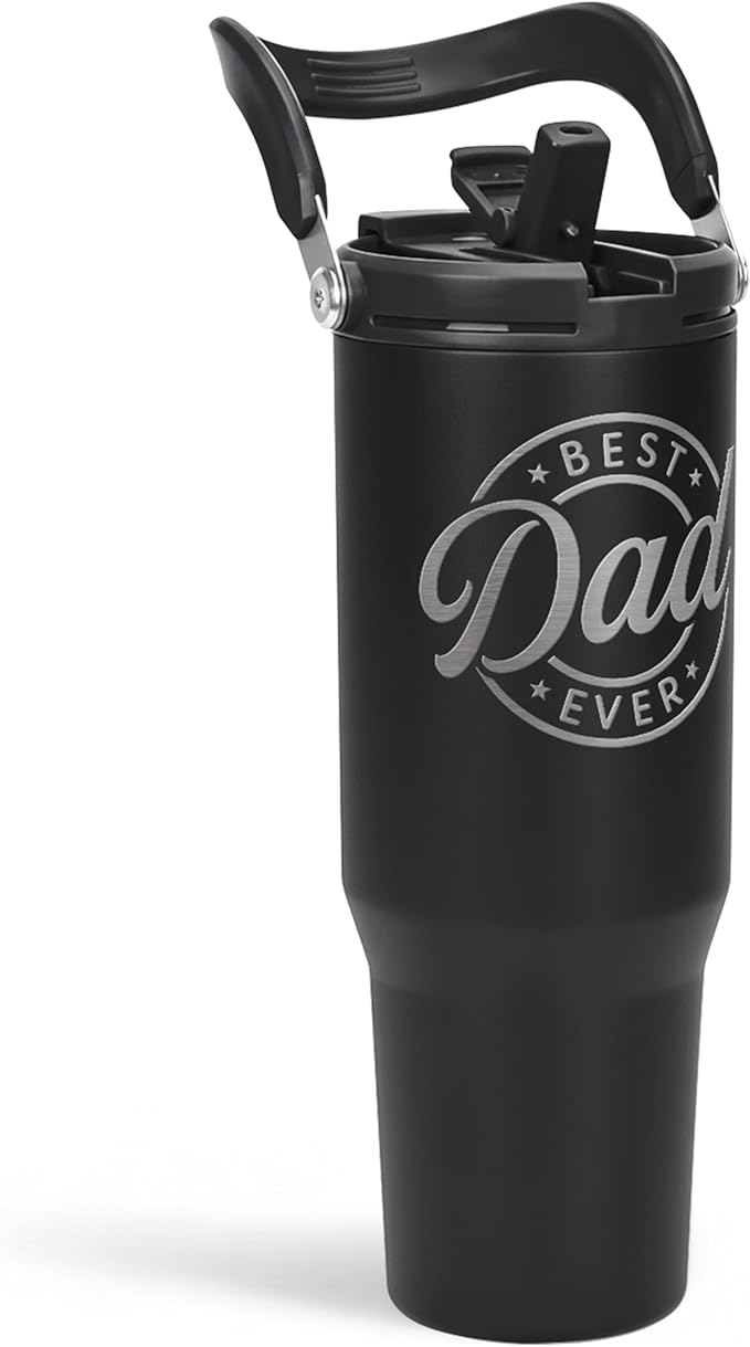 Best Dad Ever Tumbler 30oz, Stainless Steel Insulated Tumblers Travel Cup with Carry Handle & Flip Straw Lid, Gifts for Dad from Daughter Son, Dads Gift for Birthday Christmas Fathers Day