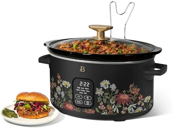 Beautiful 6 Qt Programmable Slow Cooker by Drew Barrymore - 5 Preset Cooking Functions, Digital Countdown Timer, Dishwasher-Safe Parts and Cool-Touch Handles -Wildflower Black Sesame