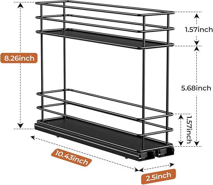 Pull Out Spice Rack Organizer for Cabinet, Slide Out Spice Racks, Easy to Install Spice Cabinet Organizers, 2.1''Wx10.35''Dx8.26''H, 2 Drawer 2 Tiers(Black)