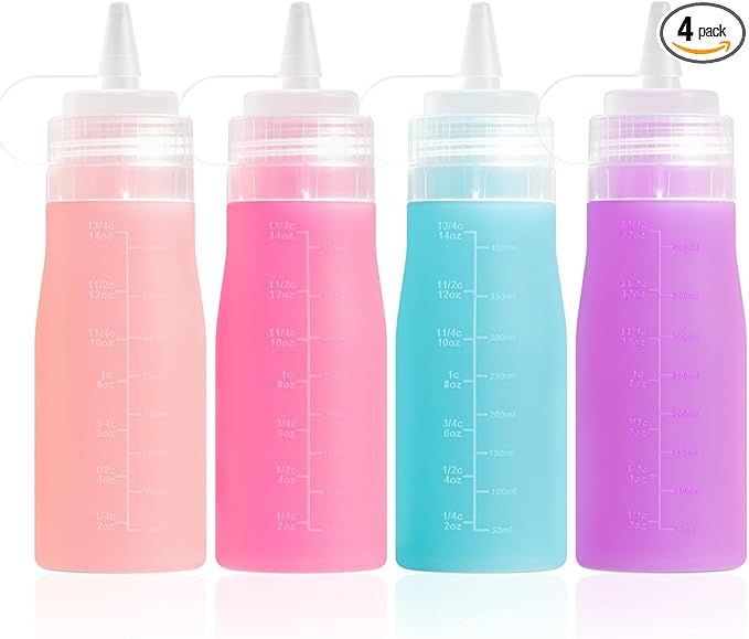 Condiment Squeeze Bottles, 16 oz Silicone Squeeze Bottles For Sauces, Leak Proof Condiment Containers with Extra Interchangeable lid, Easy Squeeze for Oil, Honey & Dressings, BPA FREE (4 Pack)