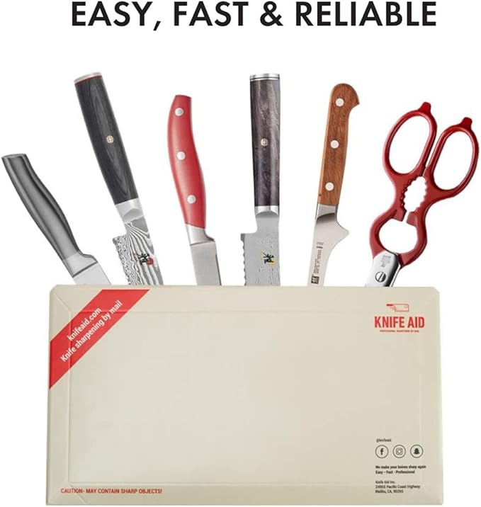 Knife Sharpening Service by Mail, Professional Blade Repair for 14 Knives, Razor Sharp Results, Insured and Trackable Shipping, Knife Aid Kit Included
