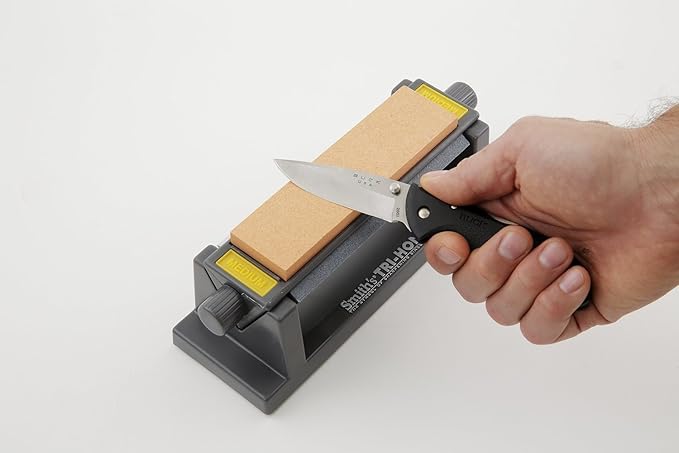 Smith’s TRI6 Arkansas Tri-Hone Stone Sharpening System Grey 6” Fine, Medium, & Coarse Stones 3-Way Honing Nonslip Rubber Feet Restore Tools, Hunting, Kitchen, Fishing & Pocket Knives