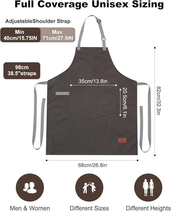 Womens Apron With Pockets Adjustable Shoulder Strap,Apron For Men 38.5" Extra-Long Straps Fit More Body Types,Chef Apron For Kitchen Garden Barbecue Woodworking
