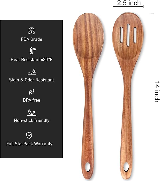 2-Piece 14 inch Large Wooden Spoon Set Non Toxic Solid Wood Spoons Cooking Utensils Slotted Spoon Long Non-Stick Cooking Spoons Teak Wood Kitchen Spatula for Mixing Stirring Serving Spoons