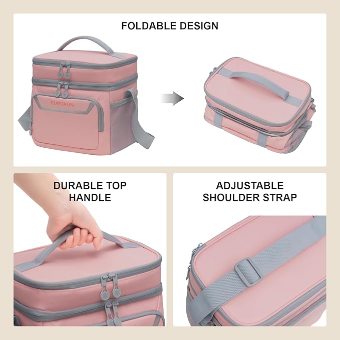 Everfun Womens Lunch Box Two Compartments Insulated Lunch Tote Bag Large Leakproof Soft Cooler for Work Picnic Travel (Light pink)