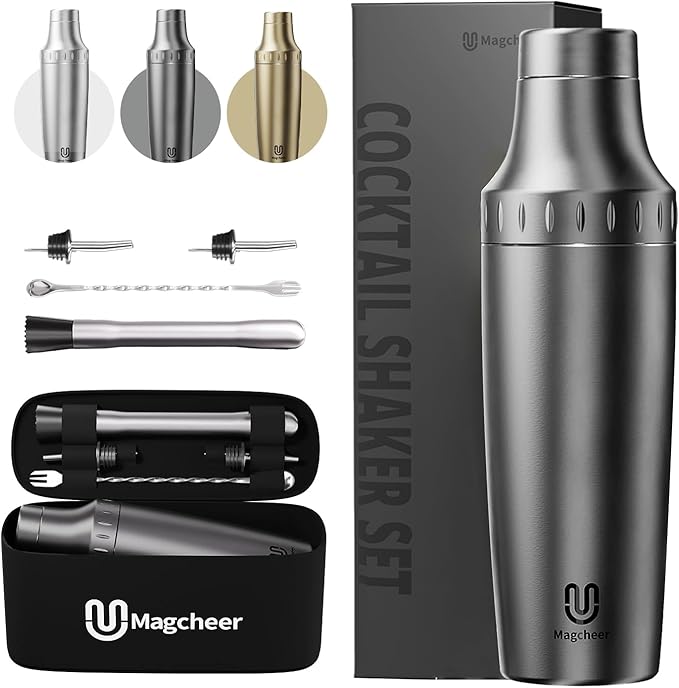 Hybrid Cocktail Shaker Set | Vacuum Insulated Stainless Steel Martini Shaker with Strainer & Jigger Lid | Travel cocktail kit with Bartender Accessory Tools | 30oz | Gunmetal Gray