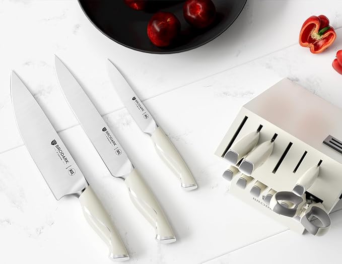 BRODARK Kitchen Knife Sets with Block and Built-in Sharpener - 15 Pcs Full Tang Professional Chef Knife Set - NSF Certified Food Grade Stainless Steel Cutlery Set - Ivory Series for Christmas Gift