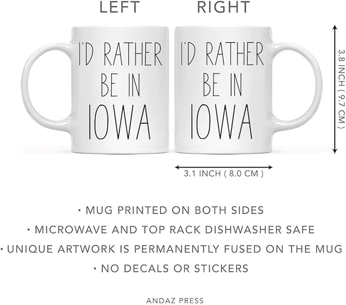 Andaz Press U.S. State 11oz. Coffee Mug Gift, I'd Rather Be in Iowa, 1-Pack, Long Distance College Going Away Study Abroad Birthday Christmas Gifts