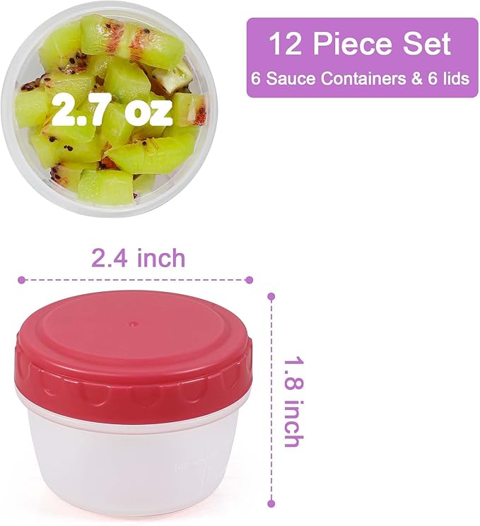 Caperci 6 Pack Salad Dressing Container To Go - 2.7oz Leak-Proof Small Food Storage Containers with Lids, Reusable Condiment Sauce Cups for Lunch Box, BPA-Free (Multicolor)