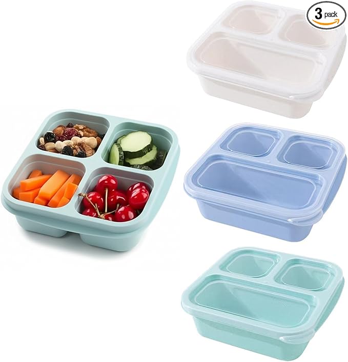Emptycolor 3 Pack 3 Compartment Lunch Snack Containers with Lids, Meal Prep Bento Snack Boxes, BPA Free, Reusable Food Storage Lunchable Containers for People Work Travel