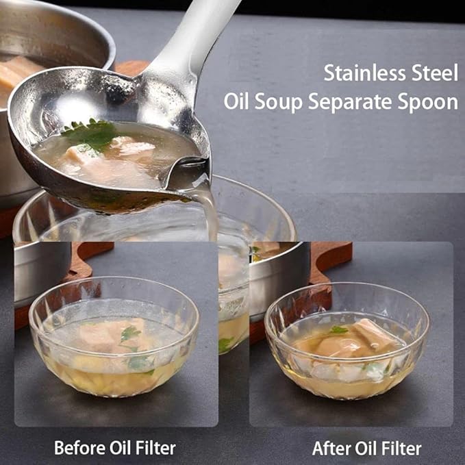 Oil Separating Stainless Steel Soup Ladle/Grease Trap Long Spoon/Fat Separator Serving Spoon/Healthy Lifestyle/Kitchen Accessory