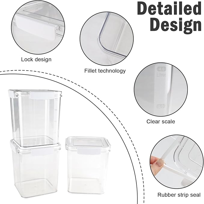 Plastic Containers With Lids for Food, 3Pcs Airtight Food Storage Containers for Pantry, Flour and Sugar Containers Set, BPA Free Clear Stackable Kitchen Storage Bins for Home,Pantry