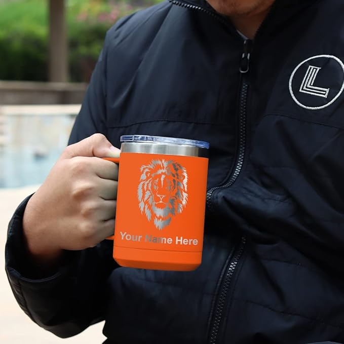 LaserGram 15oz Vacuum Insulated Coffee Mug, Tiki Statue, Personalized Engraving Included (Orange)