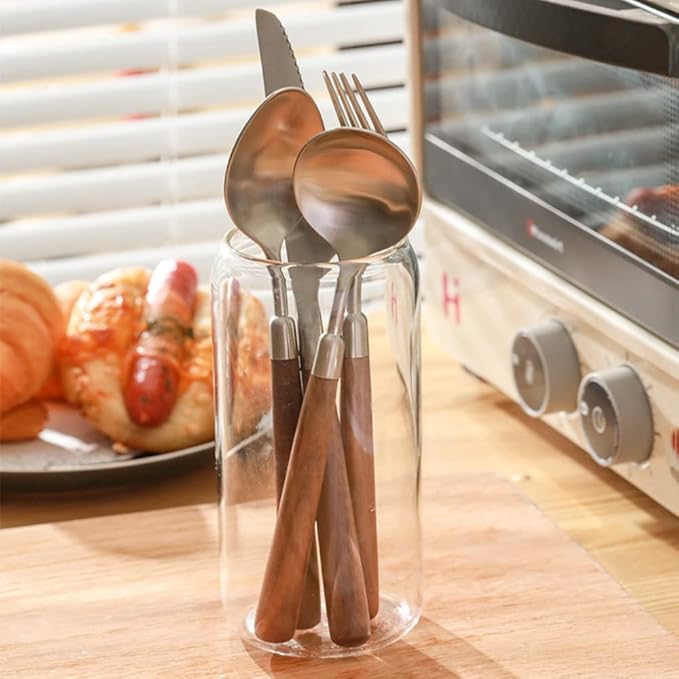 Wood Silverware Set for 14 - Wooden Flatware Cutlery Utensils 18/10 Stainless Steel Walnut Handle 56 Piece Include Knives Forks and Spoons Tableware for Home Kitchen Wedding Restaurant