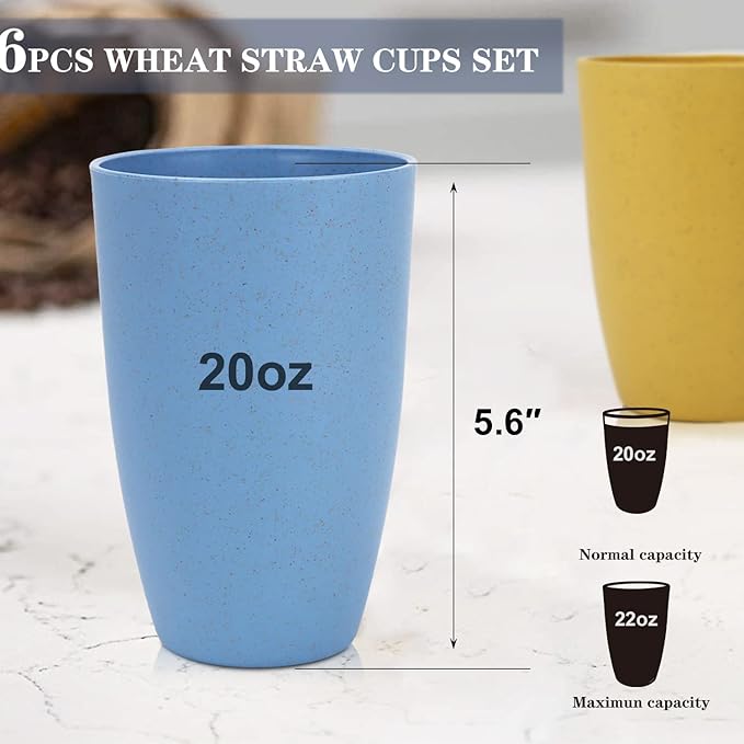 Homienly Wheat Straw Cups Alternative to Plastic Cup - Set of 6 Unbreakable Drinking Cup Reusable Dishwasher Safe Water Glasses Cups for Kitchen Tumblers Kitchen Essentials(20 OZ)