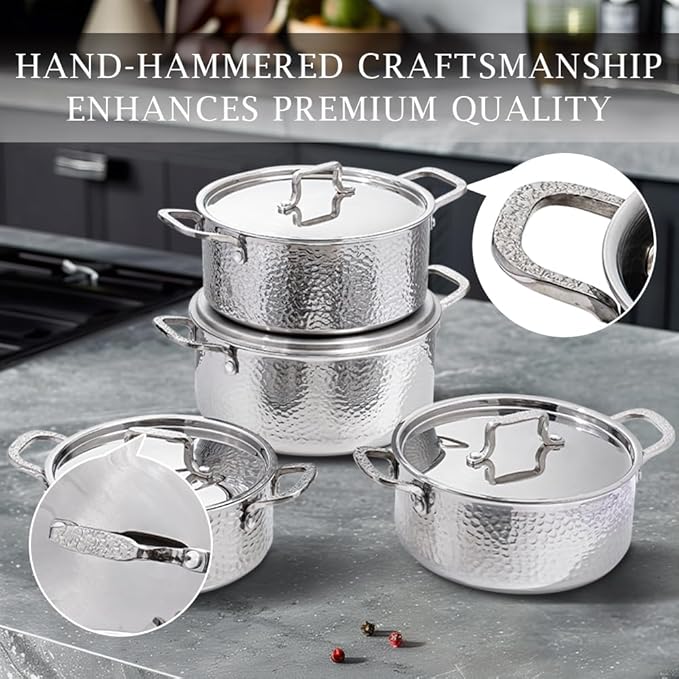 Vivicreate Tri-Ply Stainless Steel Stockpot – Deep Cooking Pot with Hammered Exterior, Compatible with All Stovetops, Even Heat Distribution, Durable Cookware for Soups, Stews, and More(5QT)